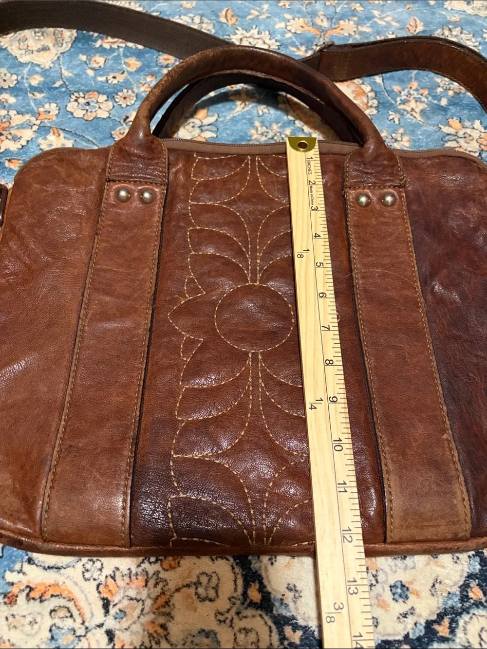 Fossil Brown Leather Laptop Messenger with Floral Stitching